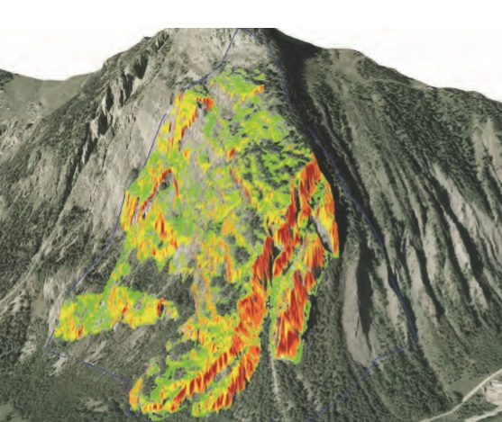 自动生成的阿尔卑斯西北部Courmayeur附近的斜坡质量等级(SMR)地图(红色表示不太稳定的地区)。